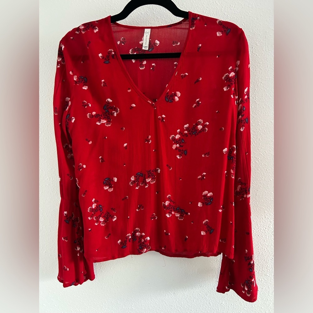 G&F Collection Red Floral V-Neck Long Sleeve Blouse